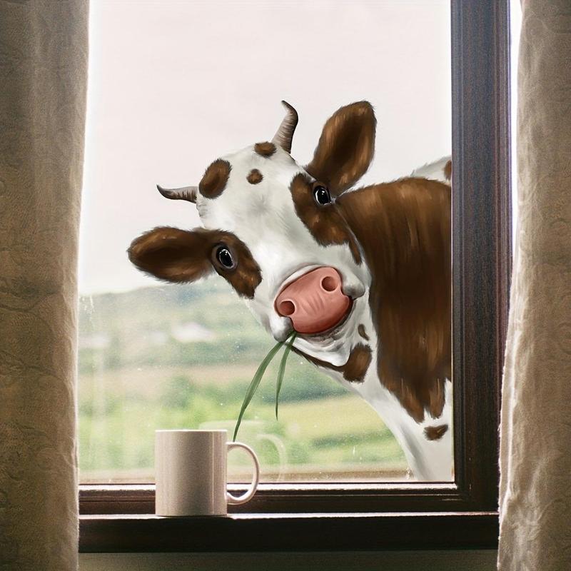 Cute Cow Pattern Window Sticker Ornaments, 1 Count Wall Tiles Sticker, Double-sided Self-adhesive Decorative Sticker for Home Kitchen Living Room