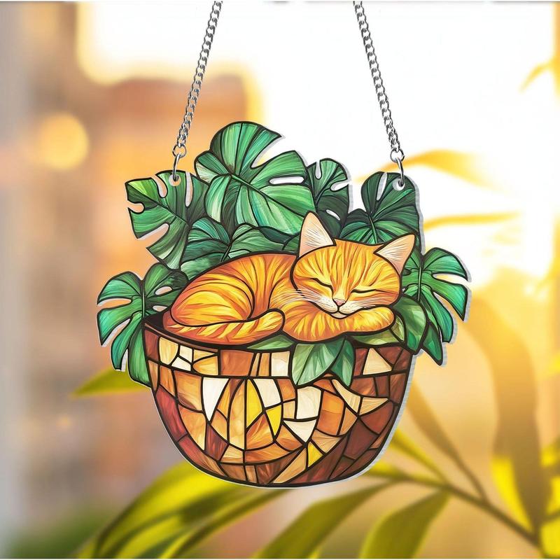 Orange Cat In Monstera Suncatcher Acrylic Ornament, Plant Lover Gift Window Hanging, Plant Lady, Cat Mom Gift, Book Lover's Gift, Cat Lover