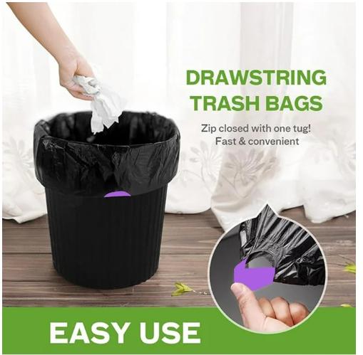 HELONG 13 Gallon Trash Bag,Drawstring Trash Bag 18 Counts 4 Rolls,Kitchen Garbage Bags for Office Bedroom Bathroom,Black