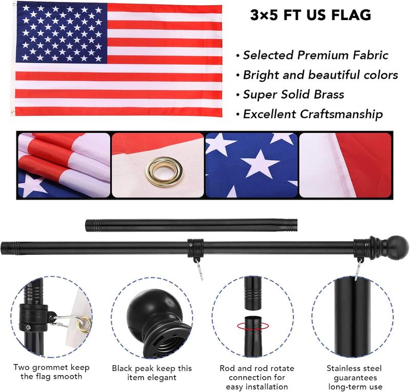 Yeesun Flag Pole for House with 3x5 American Flag, 6 FT Wall Mount Flag Pole with Bracket for Home Porch,Outdoor Deco,Banners(Black\White\Silver)