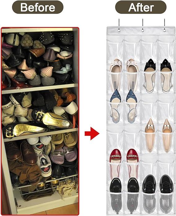 24-Pocket Over The Door Shoe Organizer with Hook, Closet Shoe Rack