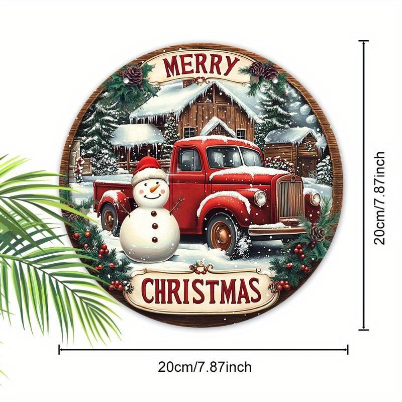 Vintage Truck & Snowman Pattern Hanging Sign, 1 Count Merry Christmas Hanging Decor, Wall Decor for Door, Room, Home, Window, Holiday Party Decorations