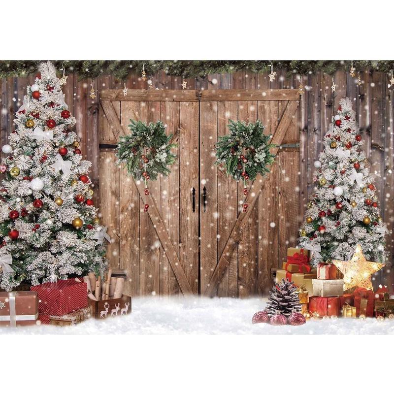 Polyester Fabric Winter Rustic Barn Wood Door Photography Backdrop Tree Snow Background Banner for Family Holiday Party Decoration Supplies 7x5FT