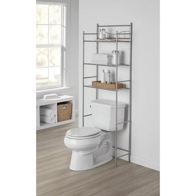 Over the Toilet Steel 3-Shelf Storage Shelf Unit, Satin Nickel Finish for Adults