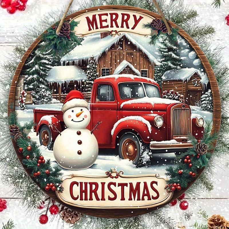 Vintage Truck & Snowman Pattern Hanging Sign, 1 Count Merry Christmas Hanging Decor, Wall Decor for Door, Room, Home, Window, Holiday Party Decorations