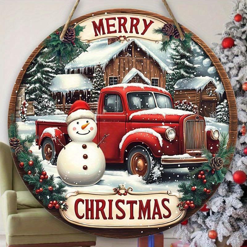 Vintage Truck & Snowman Pattern Hanging Sign, 1 Count Merry Christmas Hanging Decor, Wall Decor for Door, Room, Home, Window, Holiday Party Decorations