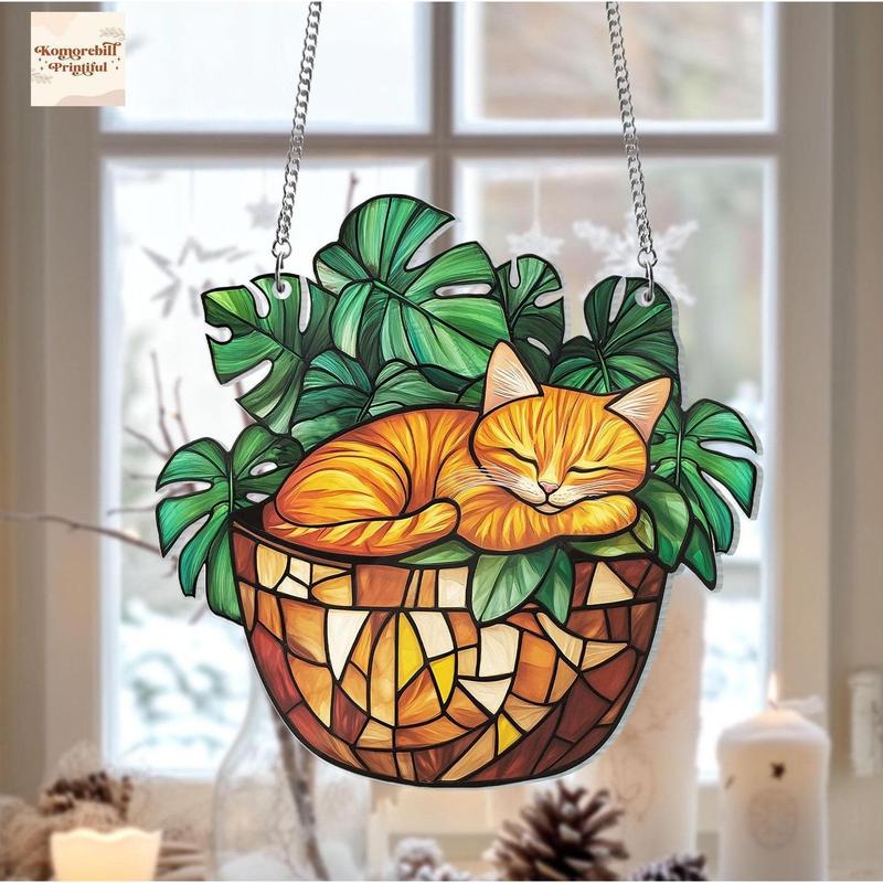 Orange Cat In Monstera Suncatcher Acrylic Ornament, Plant Lover Gift Window Hanging, Plant Lady, Cat Mom Gift, Book Lover's Gift, Cat Lover