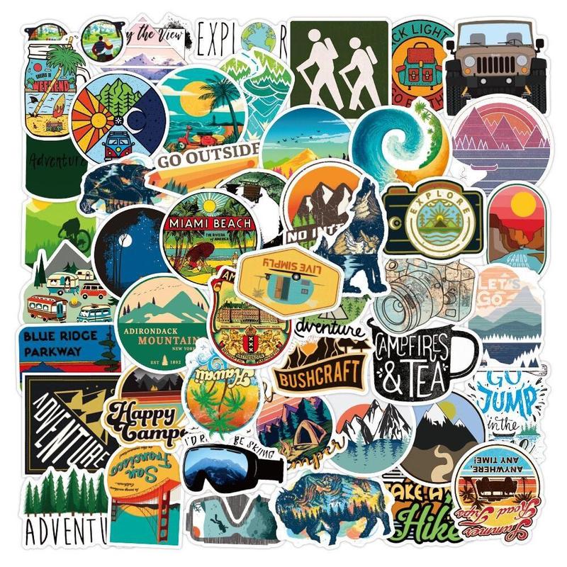 50pcs Camping Series Sticker, Waterproof Sticker Pack for Wall Water Bottle Skateboard Helmet Car Bike Luggage Laptop