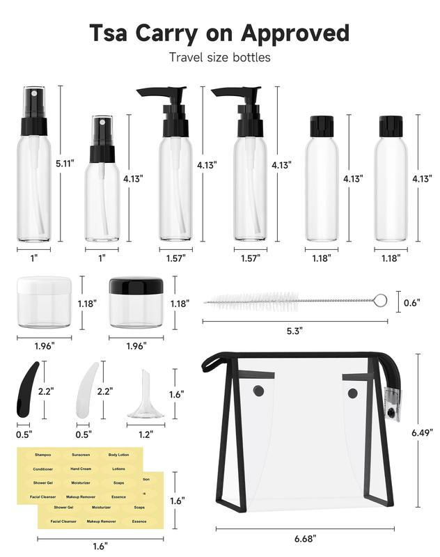 Travel Bottles Kit - TSA Approved. Leak Proof Travel Containers with Toiletry Bag for Cosmetics, Shampoo, Conditioner, Lotion. Plastic Transparent