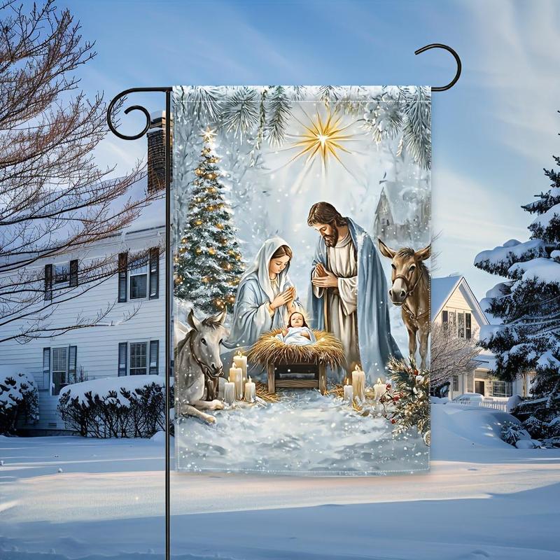 Winter Jesus Nativity Garden Flag, 1 Count Double Sided Garden Flag, Christmas Jesus Nativity Seasonal Holiday Yard Outdoor Decoration