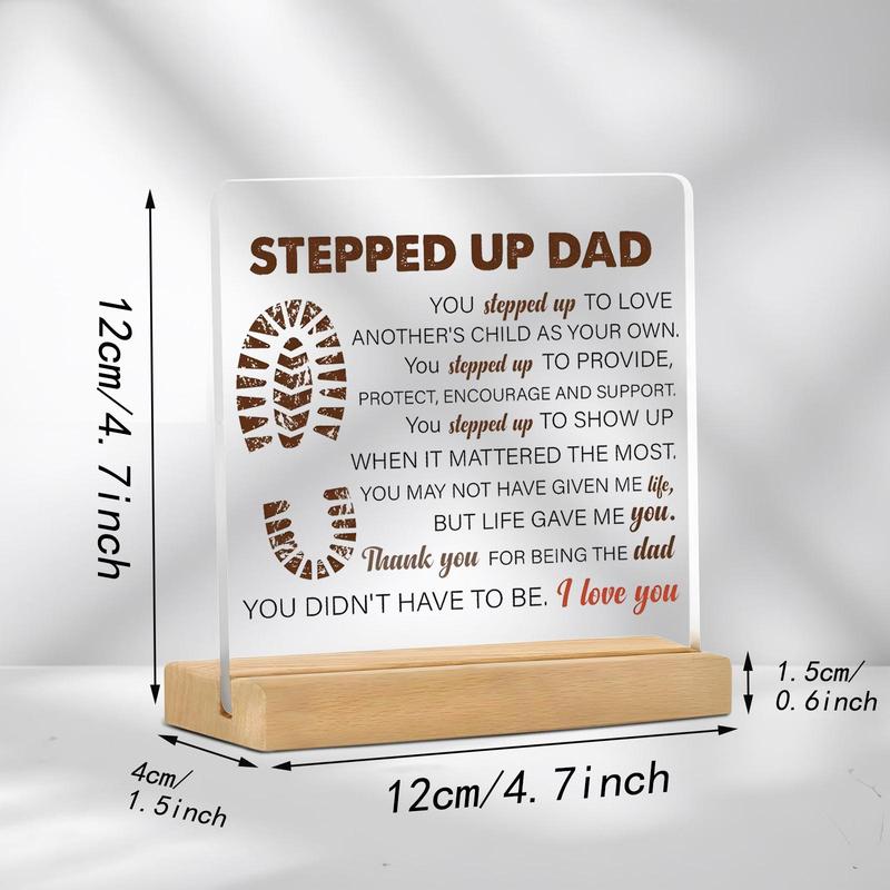 Stepped Up Dad Acrylic Desktop Decoration Sign, 1 Count Clear Acrylic Desktop Ornament with Base, Home Decor for Living Room Bedroom Office