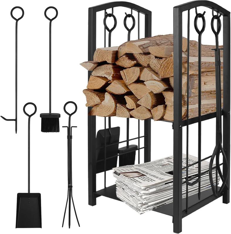 Fireplace Log Rack with 4 Pieces Fireplace Tools Set - Heavy Duty Steel Firewood Holder for Indoor Outdoor Organiser