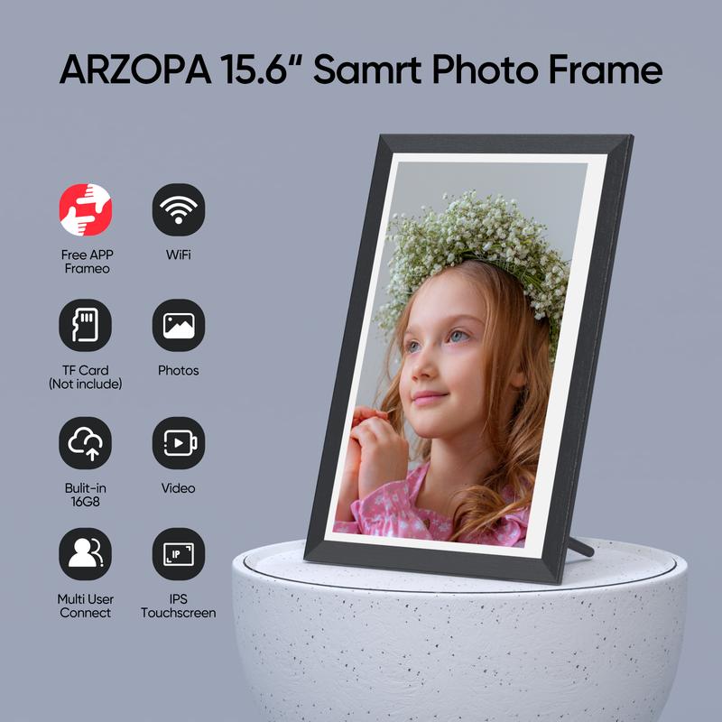 ARZOPA Digital Photo Frame 15.6 Inch 10.1 Inch Large WiFi Electronic Picture Frame 1920 x 1080 IPS Full HD Touch Screen, Premium WiFi Smart Frame, Share Photos and Videos via Frameo Decor, Christmas gift, Gift ideas