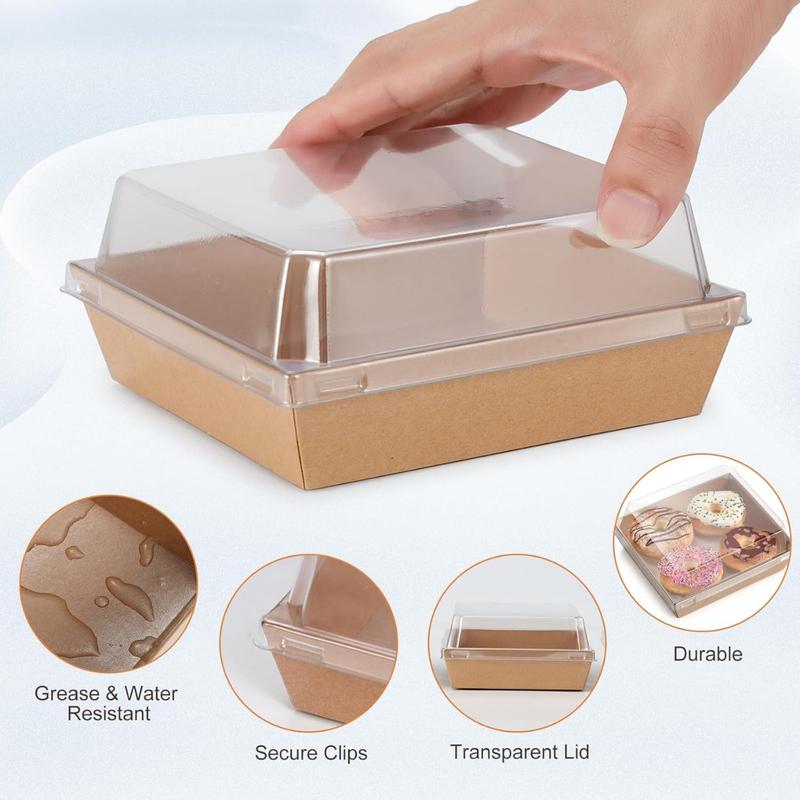 Charcuterie Boxes 20 Pack with Clear Lids, Square Disposable Paper Food Containers to Go Bakery Boxes for Strawberries, Cake Slice, Desserts, Donuts, Party, Wedding, Outdoors and Home Use (Brown)