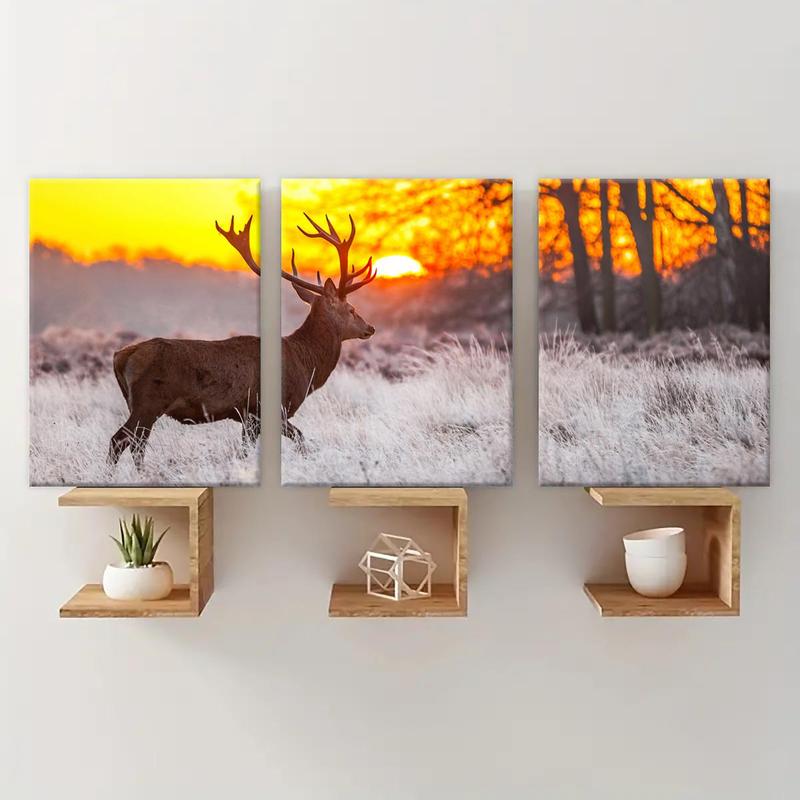 Wooden Framed Canvas Painting, 3 Counts set Modern Art Deer Pattern Wall Art, Wall Decor for Home Living Room Bedroom Office, Home Decor, Poster Decoration