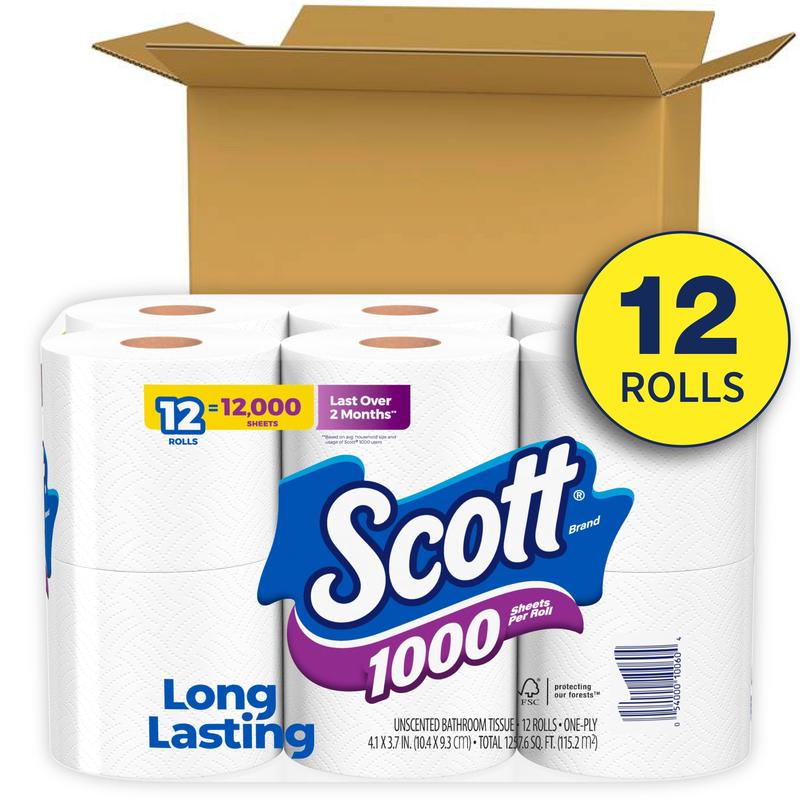 Scott 1000 Toilet Paper, 12 Rolls, 1,000 Sheets per Roll