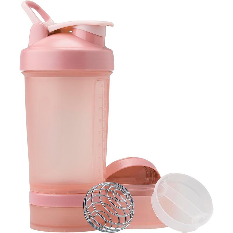 Shaker Bottle with Pill Organizer and Storage for Protein Powder, ProStak System, 22-Ounce, Rose Pink