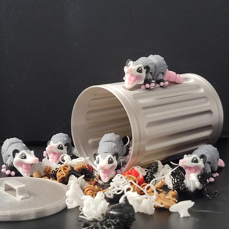 5 Mini Opossum Trash Can Bundle - High Quality 3D Printed  Movable PLA Plastic Functional Desk Decoration Ornament Set Plastic Plant