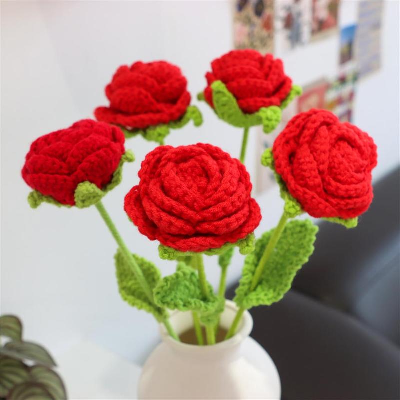 Artificial Rose Flower, 5pcs set Lifelike Fake Decor Floral, Spring Decor 2024 Hand Woven Decoration Plants for Home Wedding Party Festival Holiday DIY, Gift for Mom [without Vase]