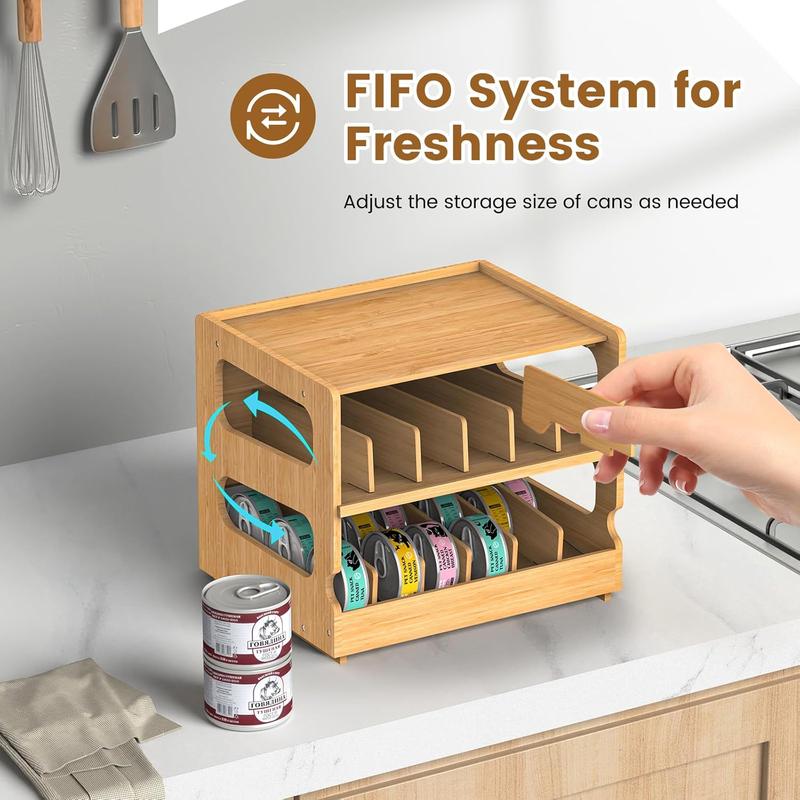 Teamkio 2 Tier Organizer with Dividers for Cabinet   Counter,- Pet Can Organizer,Kitchen, Pantry, Stackable Can Storage Rack with FIFO System