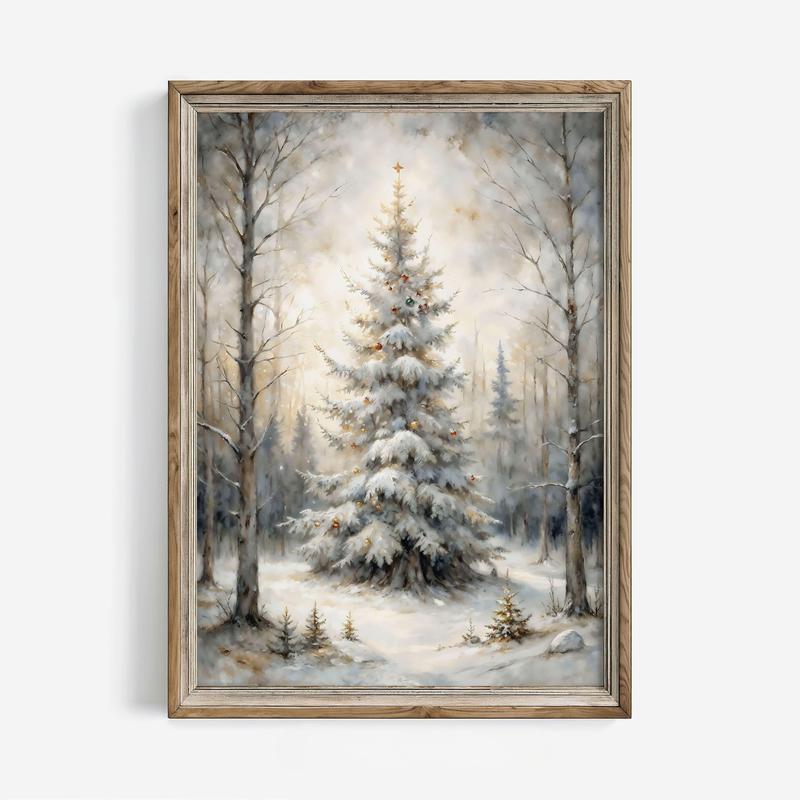 Forest Christmas Tree Snowy Scene, Vintage Style Winter Landscape Printable Wall Art, Digital Oil Painting, Cottagecore Holiday Decor, Rustic Winter Wall Decor