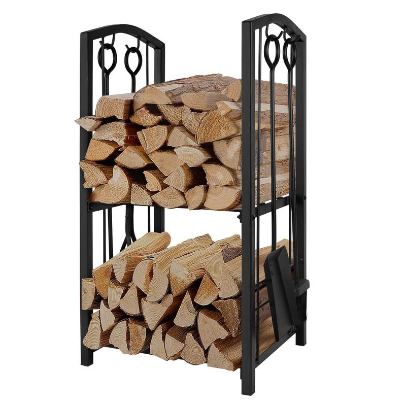 Fireplace Log Rack with 4 Pieces Fireplace Tools Set - Heavy Duty Steel Firewood Holder for Indoor Outdoor Organiser