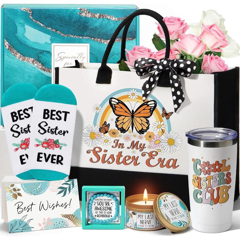 Sisters Gifts from Sister, Christmas Gifts for Sister from Brother,  Sister Birthday Gifts for Sister in Law Soul Sister, Funny Sister Gifts  Sister Gifts Basket with Retro Canvas Tote Bag