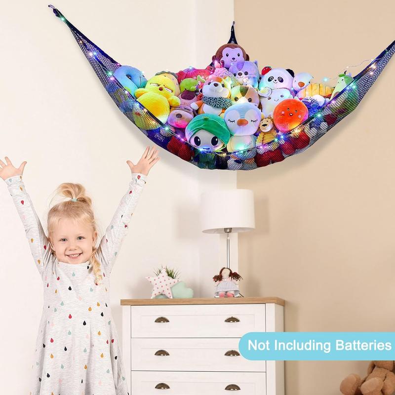 Stuffed Animals Net or Hammock Toy Storage Organizer with LED Light Unicorn Castle Hanging Corner Holder Girls Room Decor Decoration Wall Box Pet