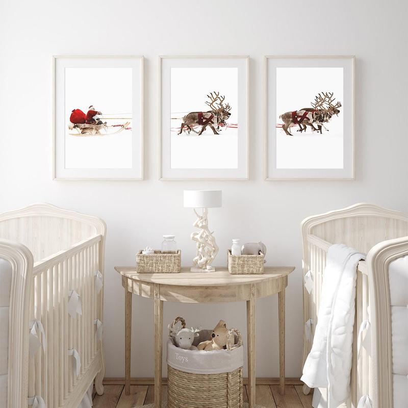 Christmas Theme Wall Art, 3 Counts set Frameless Santa Sleigh Print, Wall Decor for Home Living Room Bedroom Office Home Decor