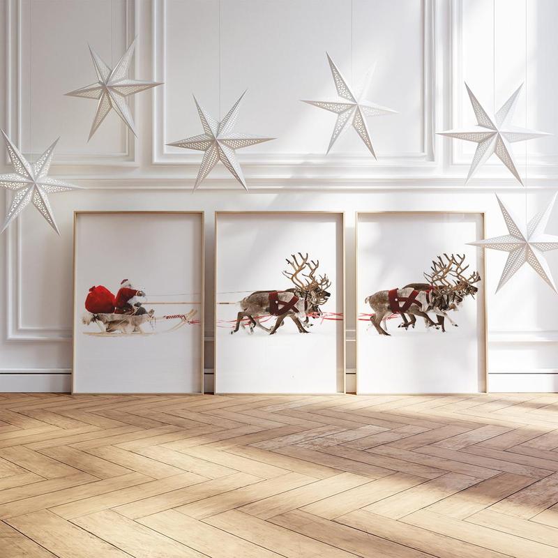 Christmas Theme Wall Art, 3 Counts set Frameless Santa Sleigh Print, Wall Decor for Home Living Room Bedroom Office Home Decor