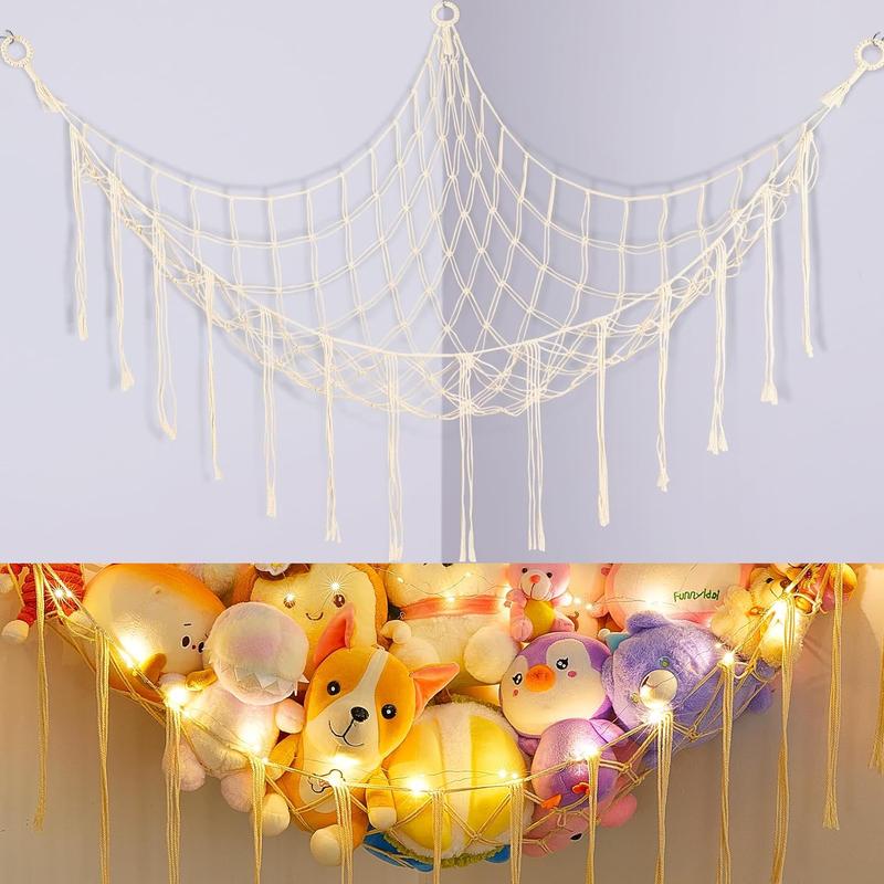 Stuffed Animals Net or Hammock with LED Light, Hanging Stuffed Animals Storage  Hammock Net Corner Wall Girls Room Decor  Storage Organizer (White)