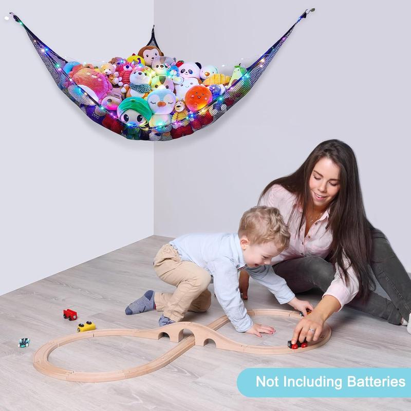 Stuffed Animals Net or Hammock Toy Storage Organizer with LED Light Unicorn Castle Hanging Corner Holder Girls Room Decor Decoration Wall Box Pet