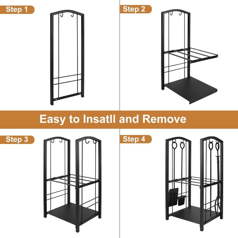 Fireplace Log Rack with 4 Pieces Fireplace Tools Set - Heavy Duty Steel Firewood Holder for Indoor Outdoor Organiser