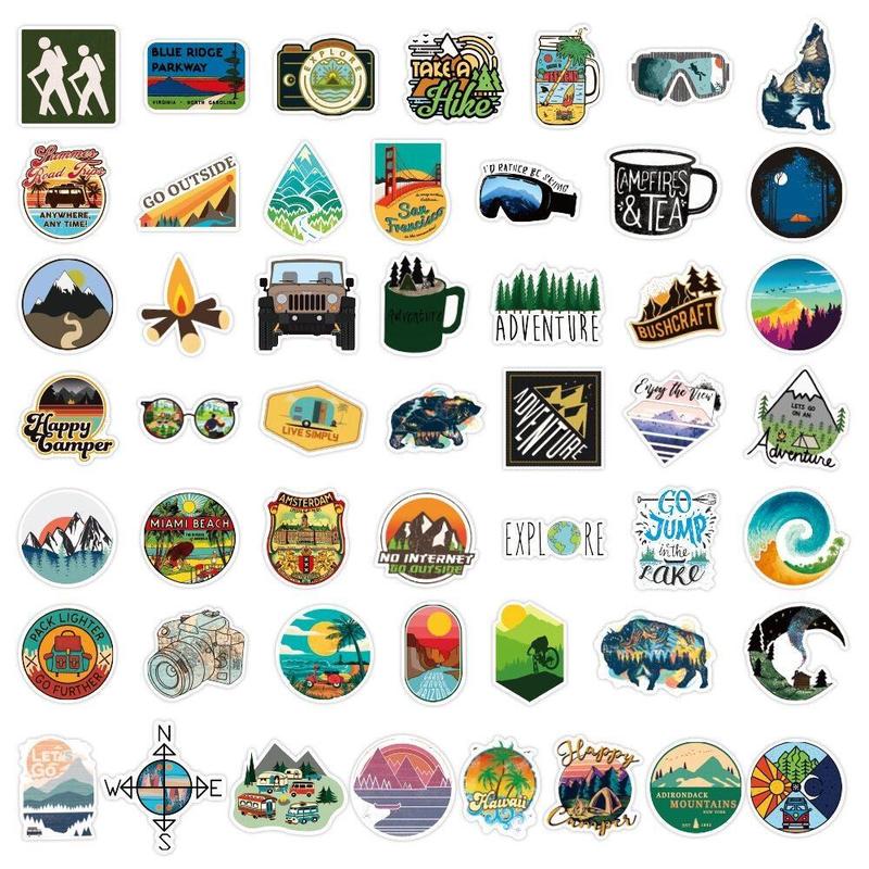 50pcs Camping Series Sticker, Waterproof Sticker Pack for Wall Water Bottle Skateboard Helmet Car Bike Luggage Laptop