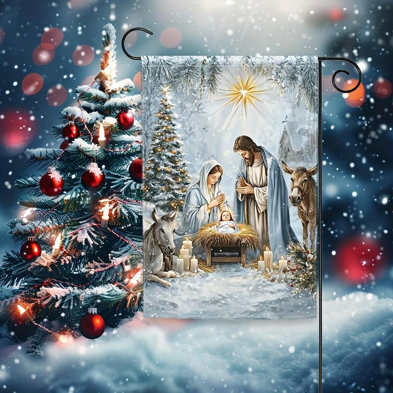 Winter Jesus Nativity Garden Flag, 1 Count Double Sided Garden Flag, Christmas Jesus Nativity Seasonal Holiday Yard Outdoor Decoration