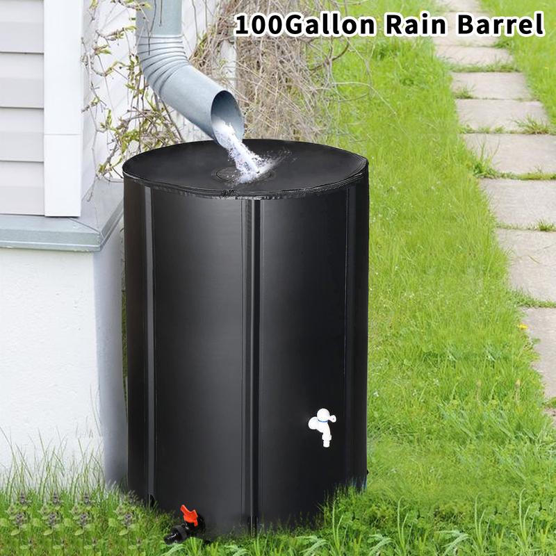 100 Gallon Portable Rain Barrel Water Tank - Collapsible Rainwater Collection System Storage Container - Rain Collector Barrel with Two Spigots and Overflow Kit - includes 100 Garden Labels