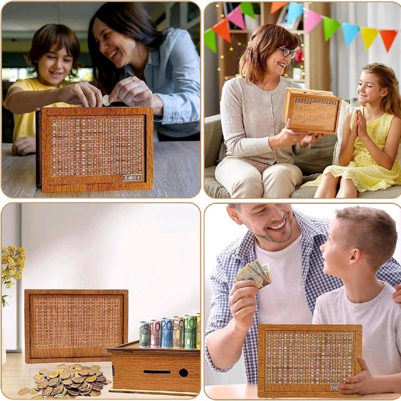 Wooden Money Box With Saving Money Goals Counter Reusable Home Use Coin Tray Storage Case Children's Savings Target And Numbers Piggy Decor Set