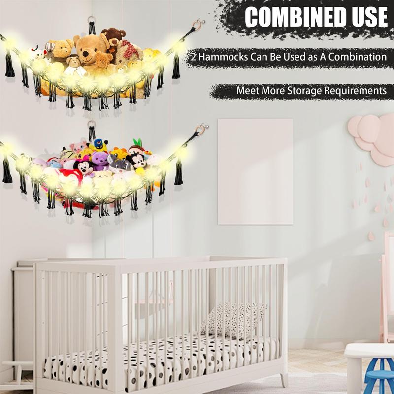 Stuffed Animal Hammock with LED Light, Toy Hammock for Stuffed Animals Storage for Room Decor, Stuffed Animal Hammock Corner Cotton Decoration