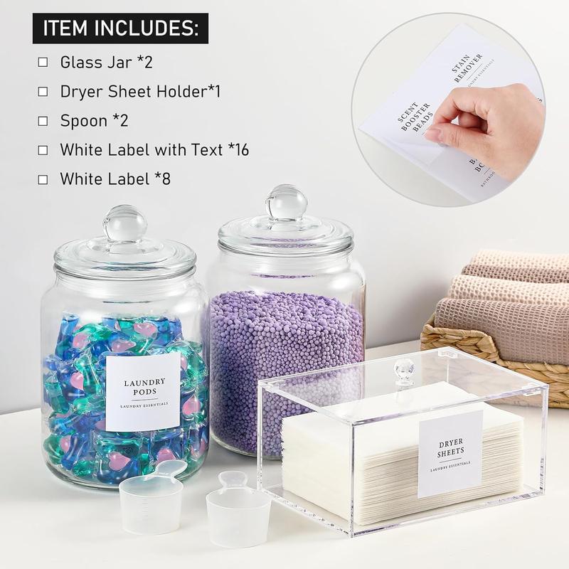 Glass Jars and Dryer Sheet Holder, Dispenser Set with Lids and Labels, Containers for Laundry Room Organization and Storage, Half Gallon Airtight Glass jars,  Storage Box for Laundry supplies,