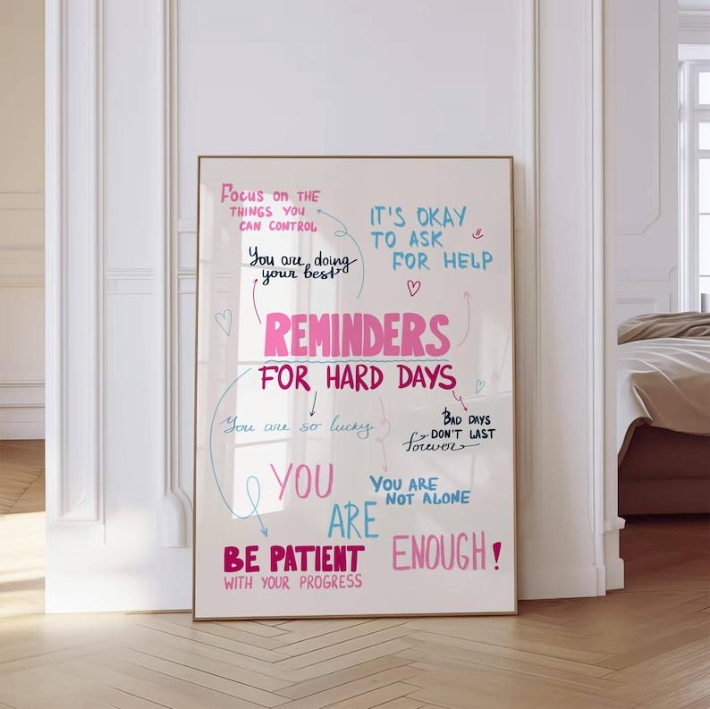 Reminders for Hard Days Wall Art, Positive Preppy Blue Pink Quote Print, Trendy Dorm Room Decor for Bedroom