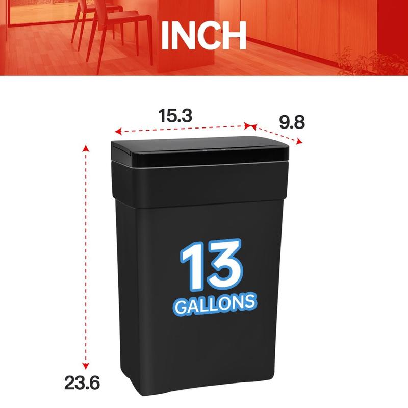 13 Gallon 50 L Trash Can with Lid Plastic Kitchen Trash Bin Automatic Touch Free Motion Sensor Trash Can  1 Black