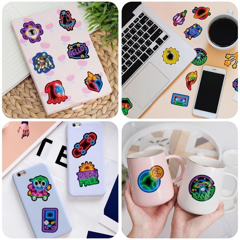 50pcs Neon Aesthetics Cartoon Pattern Creative Decorative Vinyl Sticker for Diy Water Bottle, Laptop, Skateboard, Notebook, Suitcases, Cool Sticker for Kids and Teens