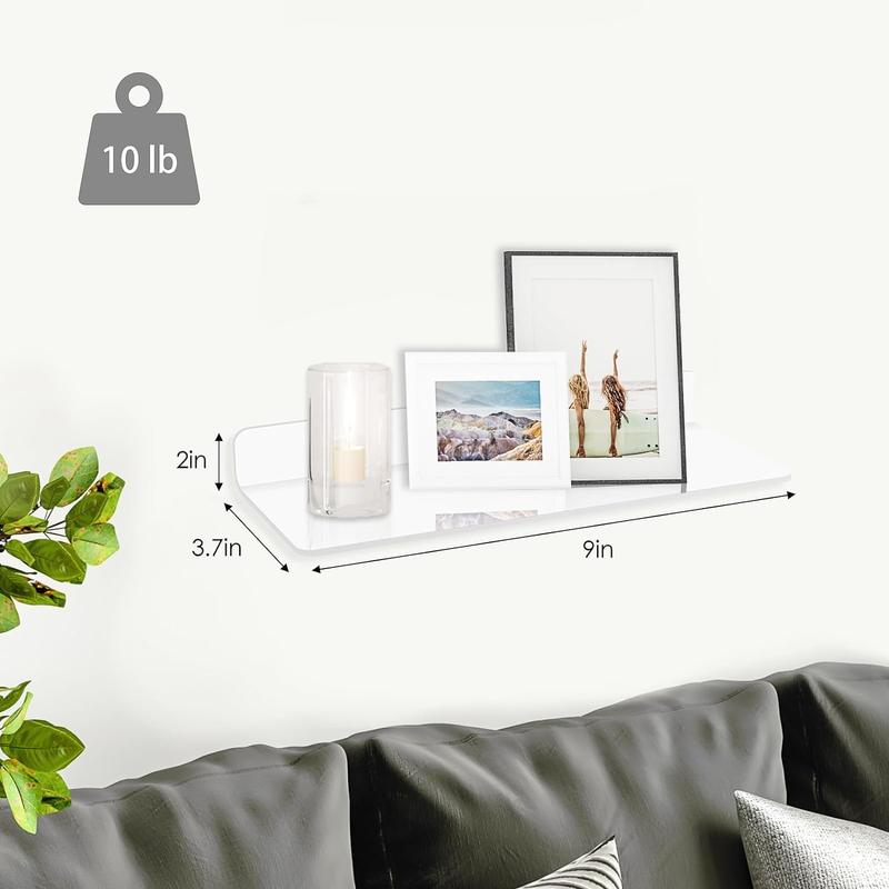 Acrylic Floating Shelves No Drill, 9in Floating Wall Mounted Adhesive Shelf, Set of 3 Wall Decoration & Storage Shelf for Living Room, Bathroom, Bedroom, Kitchen (Clear)