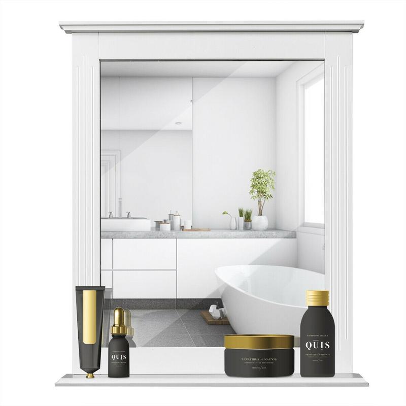 FestivalJoy-Wall-Mounted Multipurpose Vanity Mirror with Shelf-White Decor Waterproof Installation