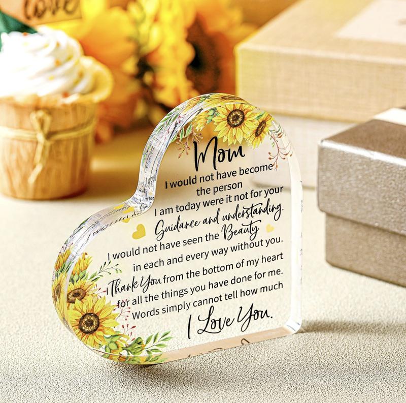 Mom Gift Dad Gift Mother in Law Gift Bonus Mom Gift Acrylic Heart Mothers Dads Plaque Gifts Grateful Birthday Gifts for Mom Dad Acrylic Best Mom Dad Sign Acrylic Heart Sign (Mom Sunflower)