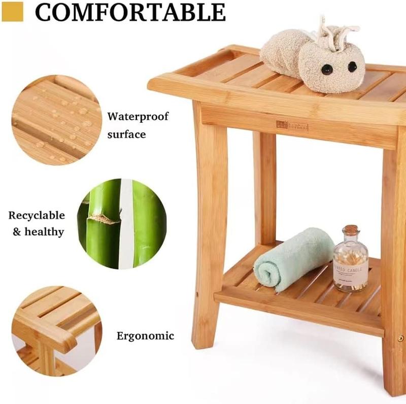 Bamboo Shower Bench with Storage Shelf, Wooden Spa Bath Deluxe Organizer Shower Stool for Inside Shower Waterproof, Bathroom Bench Seat for Adults Elderly Seniors for Indoor or Outdoor Use