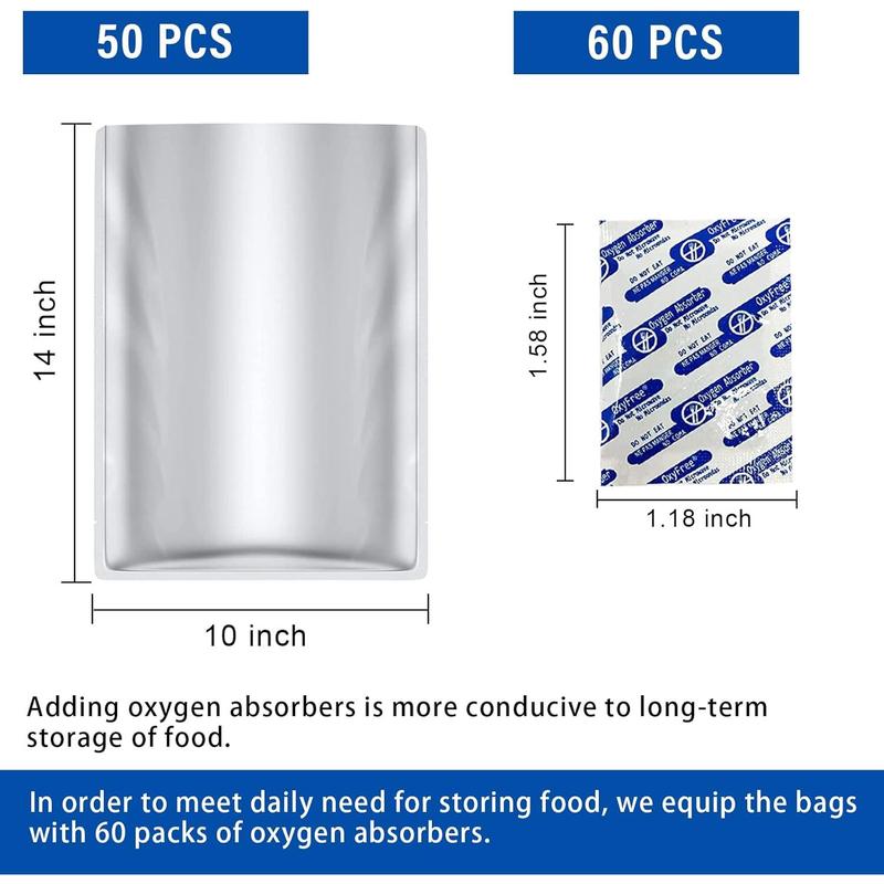 50 Pack 1 Gallon Mylar Bags for Food Storage with Oxygen Absorbers for Rice, Grains, Coffee Beans and Emergency Long Term Food Storage