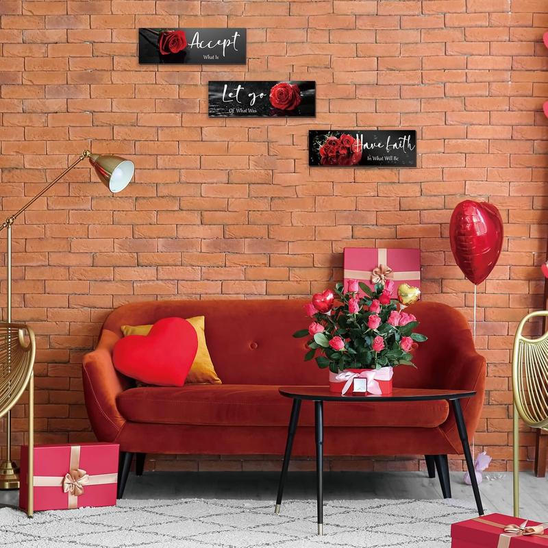 3 Pcs Red Decor Flower Inspirational Wooden Wall Art Red Roses Decor Office Wall Decor with Accept Let Go Have Faith Positive Quotes for Girl Women Bathroom Living Room Bedroom(Red Rose12 x 4 Inch) Decoration Hanging