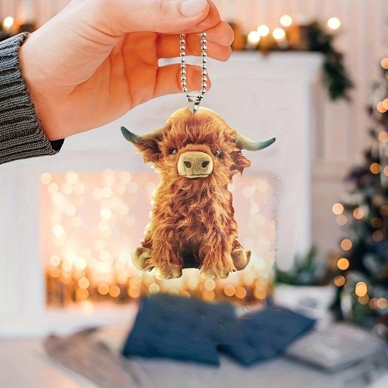 Hanging Ornaments, 1 Count 2D Planar Acrylic Mini Highland Cow Design Decoration, Hangable Cute Ornament, Home Decorative Pendant, Festivals and Decorations Supplies