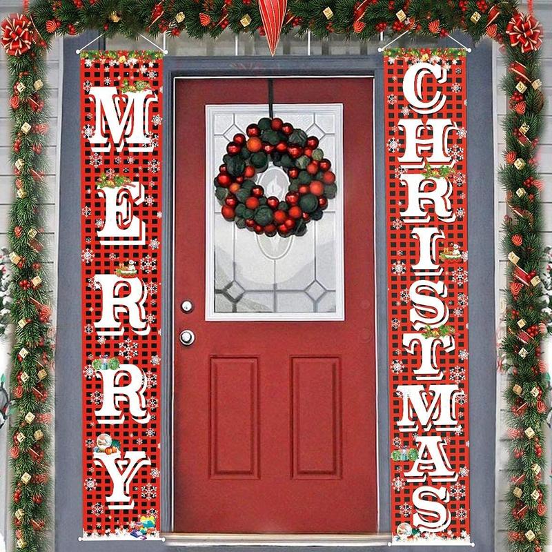 Merry Christmas Hanging Banner Porch Sign with Pattern Christmas Tree Presents Snow Banner for Home Yard Indoor Outdoor Wall Door Christmas Party Decorations 72